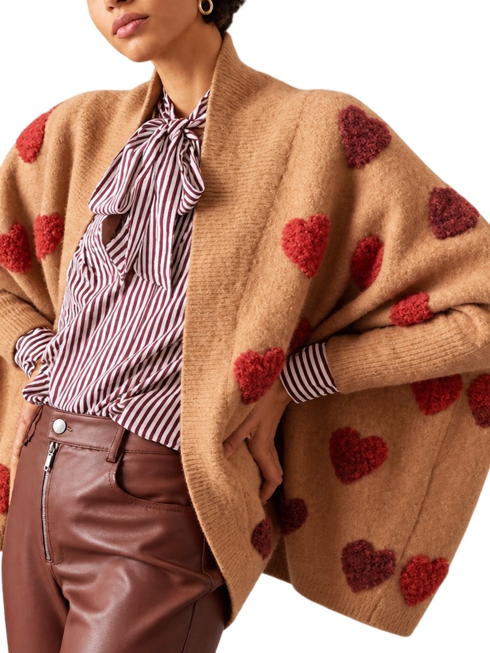 Anthropologie Boucle Heart Knit Kimono Camel One Size